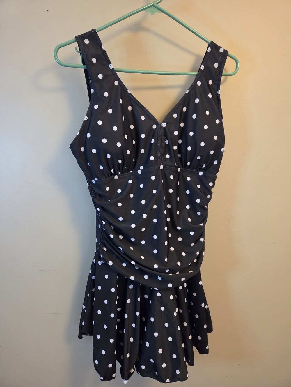 Women's Large Black White Polka Dot One Piece Swim Dress Ruched Skirt Swimsuit